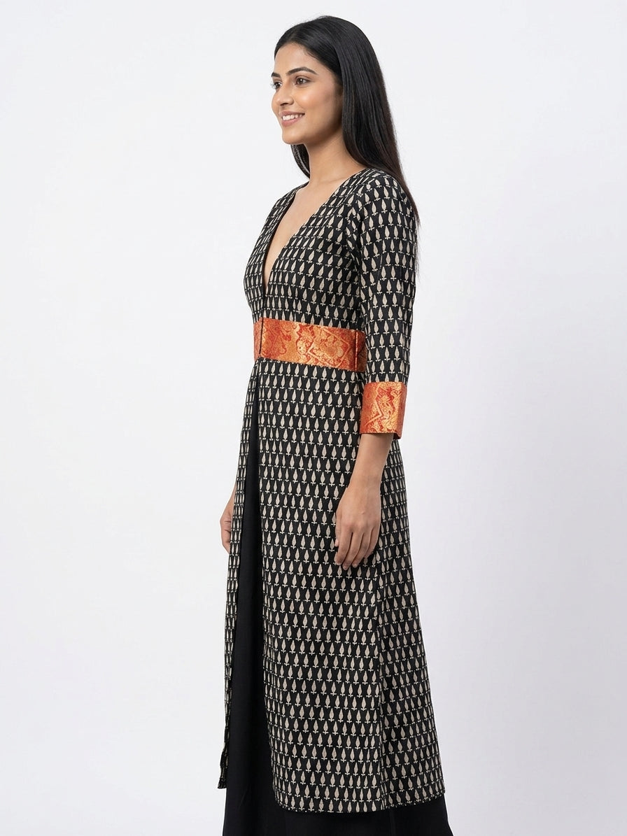 Black Printed Kurti with Orange Ethnic Border