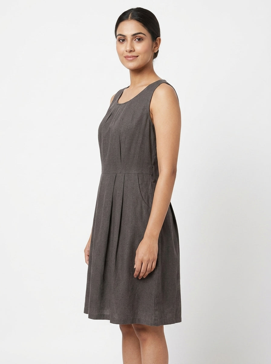 Charcoal Solid Regular Fit Sleeveless Dress
