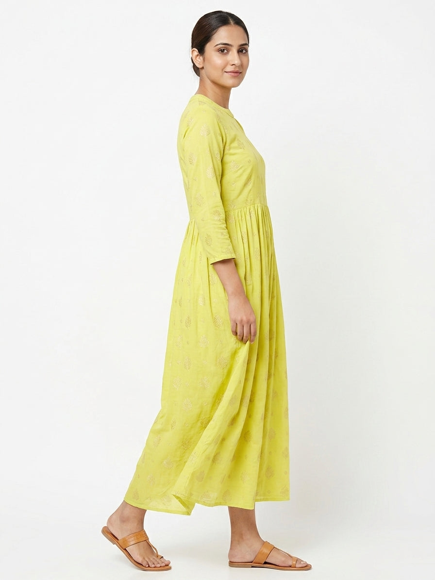 Lemon Yellow Printed Flared Casual Dress