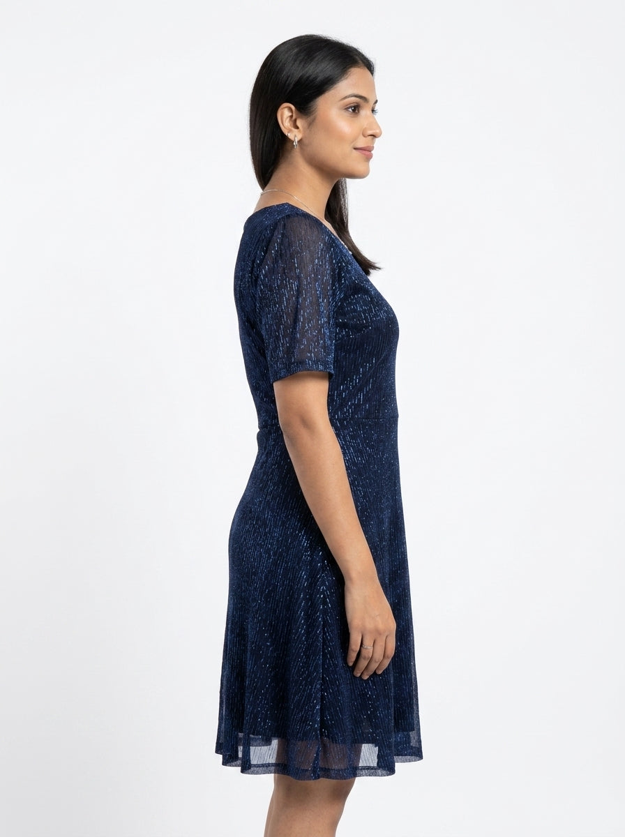 Women's Dark Blue Textured Shimmer A-Line Dress