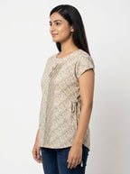 Beige Floral Print Regular Fit Top