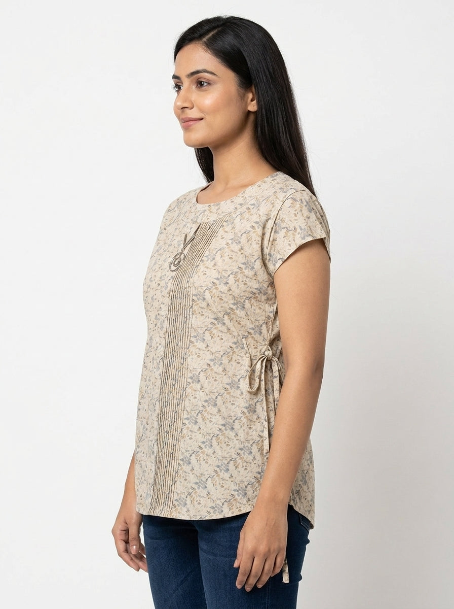 Beige Floral Print Regular Fit Top