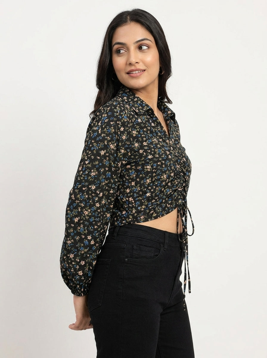 Women's Black Floral Print Collared Crop Top
