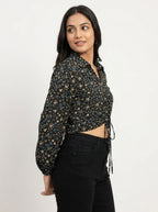 Women's Black Floral Print Collared Crop Top
