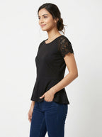 Black Embellished Peplum Top with Lace Sleeves