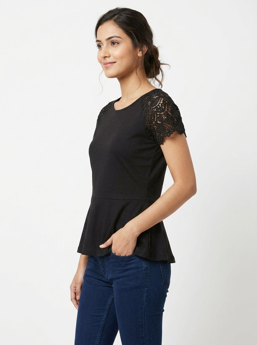 Black Embellished Peplum Top with Lace Sleeves