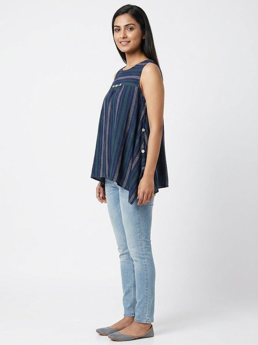 Navy Blue Striped Flared Sleeveless Top