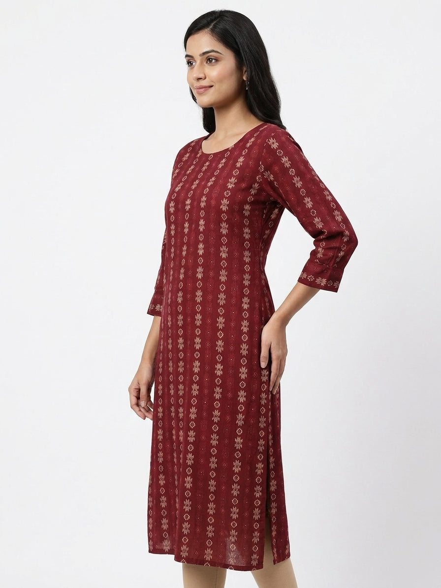Maroon Ethnic Print Regular Fit Kurti