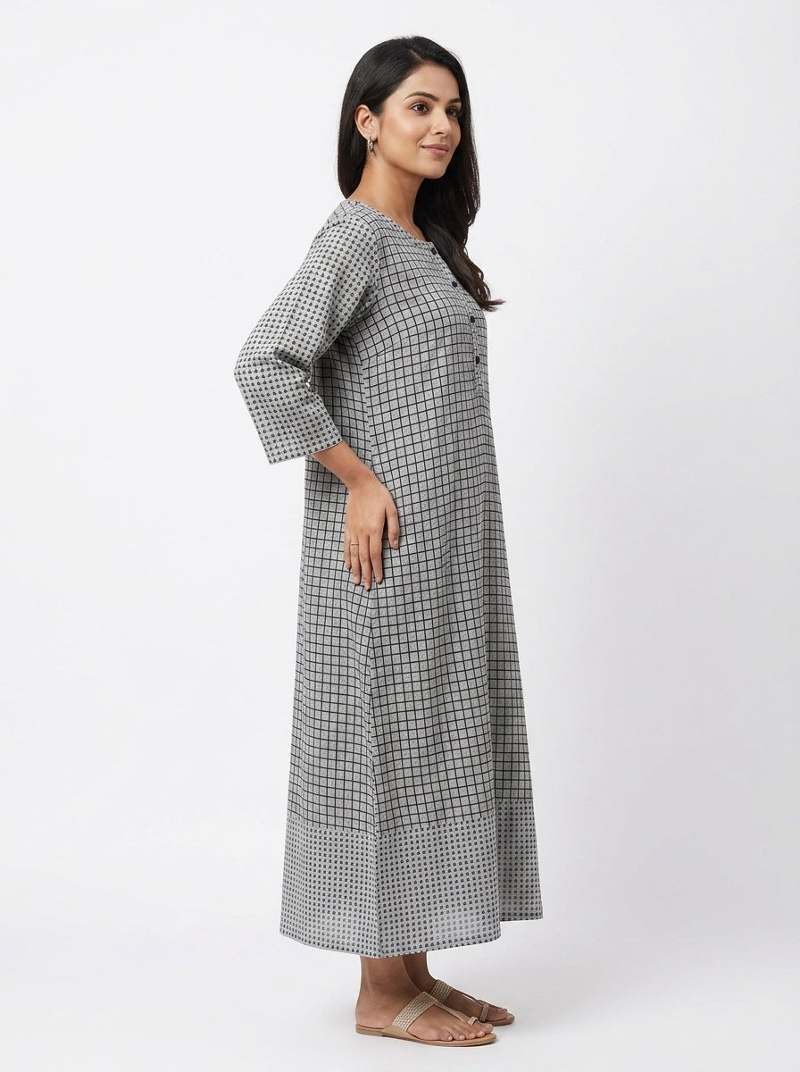 Women's Grey & Black Checkered Printed Relaxed Fit Kurti