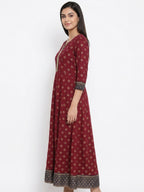 Wine Printed Flared Kurti with Embellished Neckline
