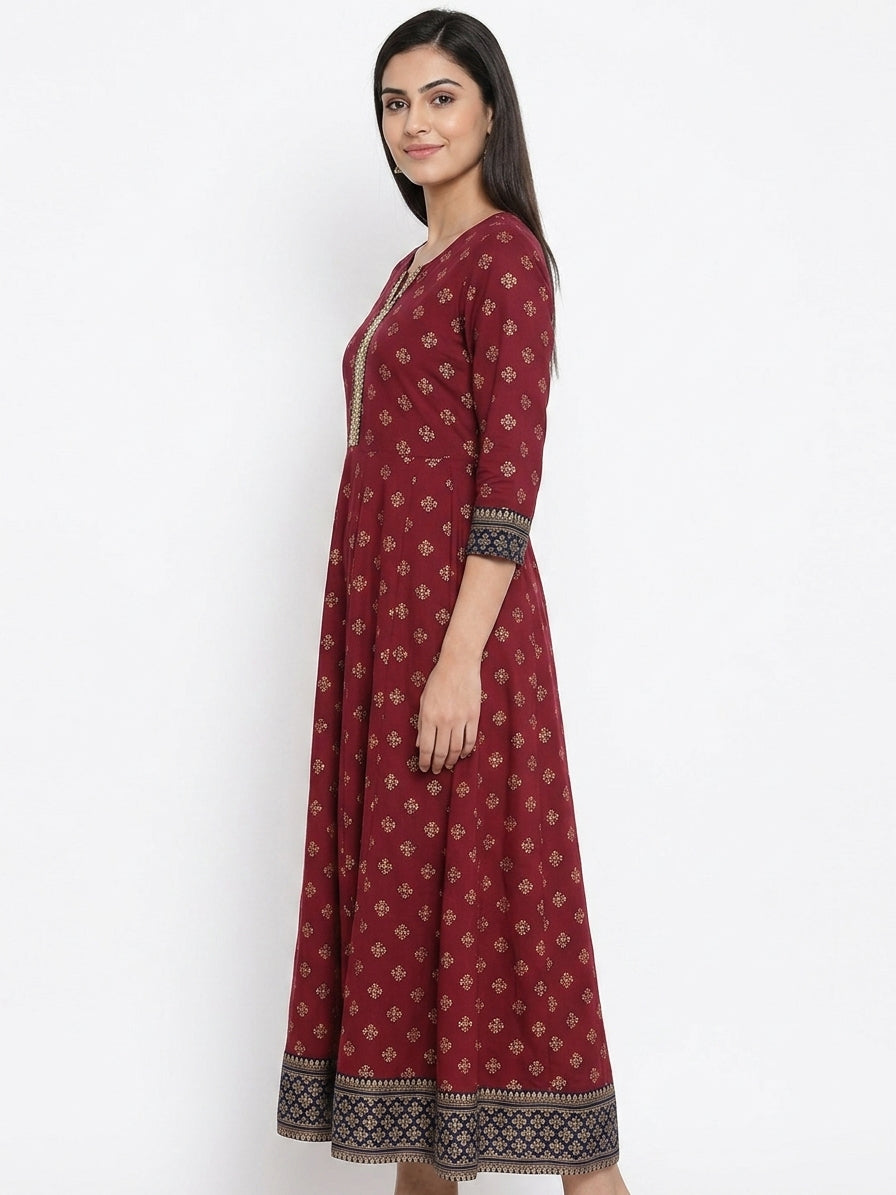 Wine Printed Flared Kurti with Embellished Neckline
