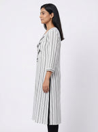 White Striped Embroidered Kurti