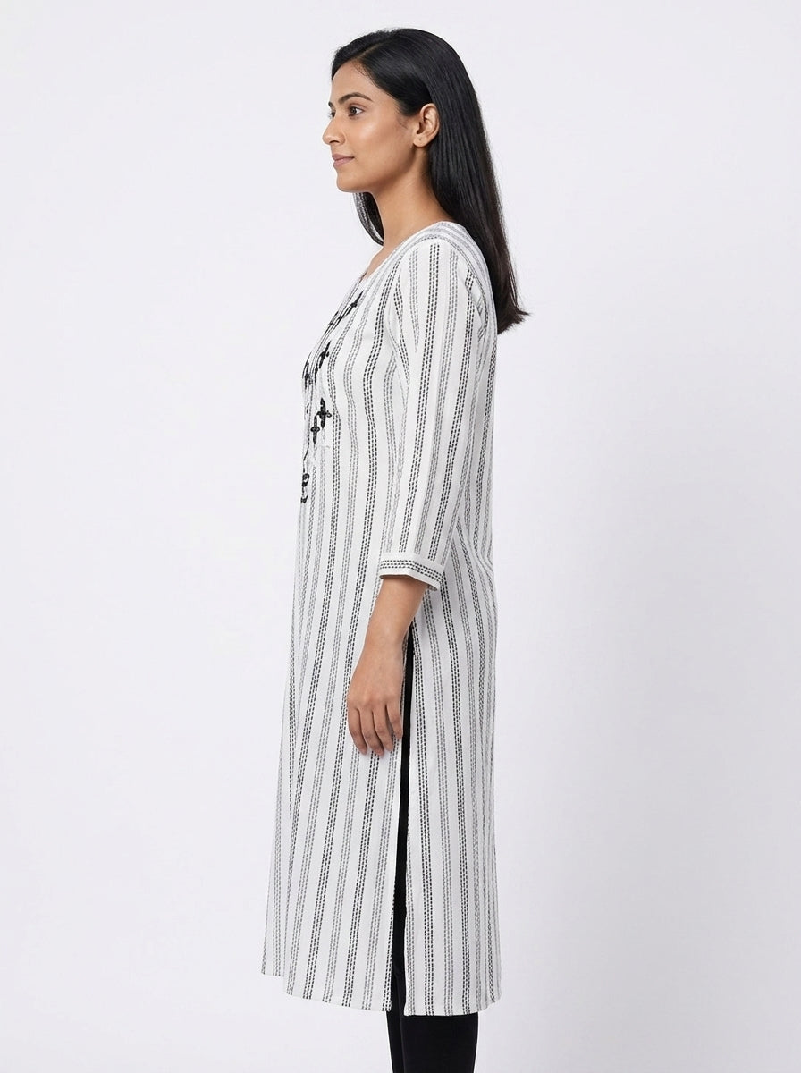 White Striped Embroidered Kurti
