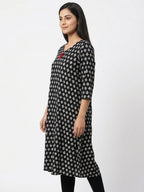 Black Printed Rayon Kurti with Tassel Detail
