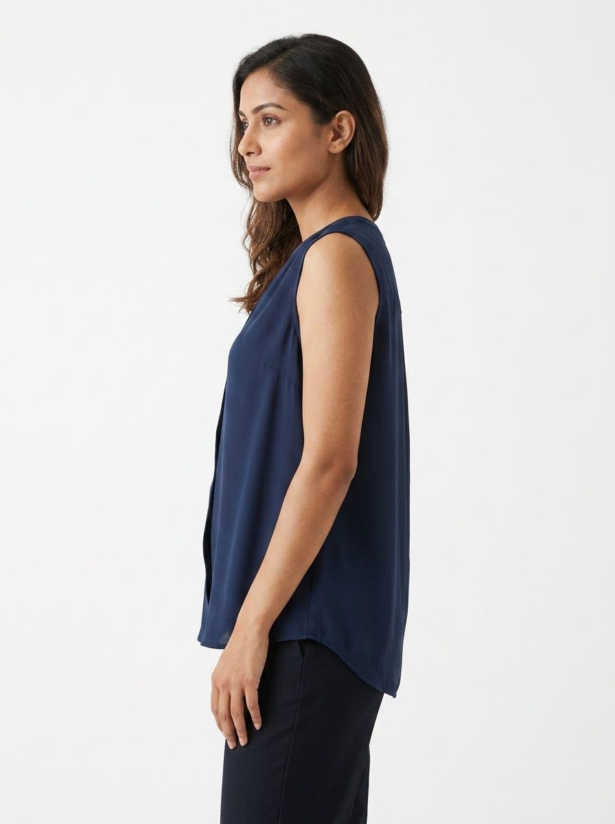 Women's Dark Blue Solid Relaxed Fit Sleeveless Top