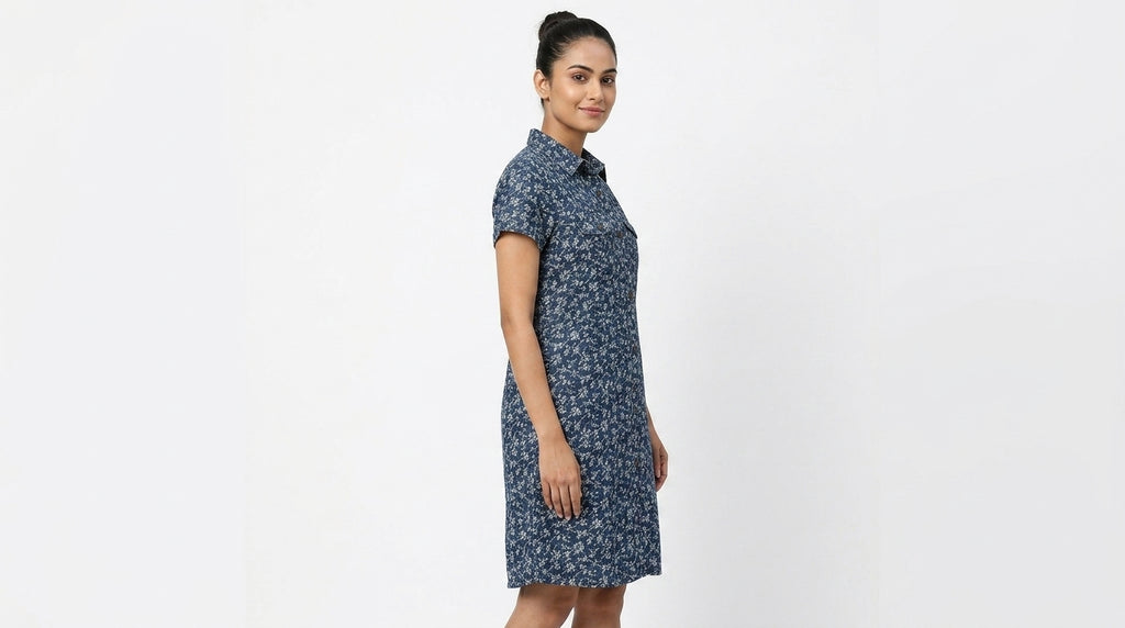 Dark Blue Floral Print Casual Shirt Dress