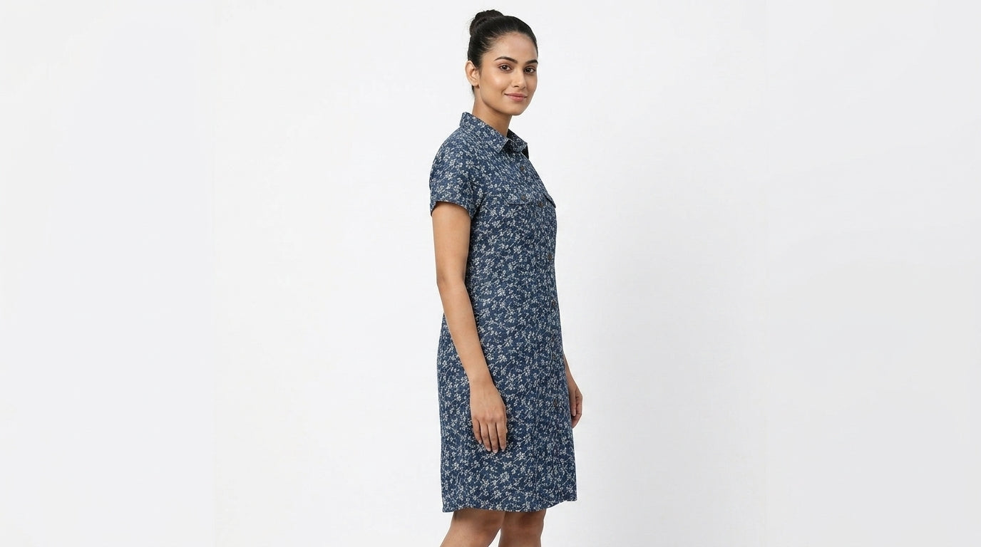 Dark Blue Floral Print Casual Shirt Dress