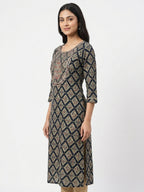 Women's Navy Ethnic Print Embellished Straight Kurti