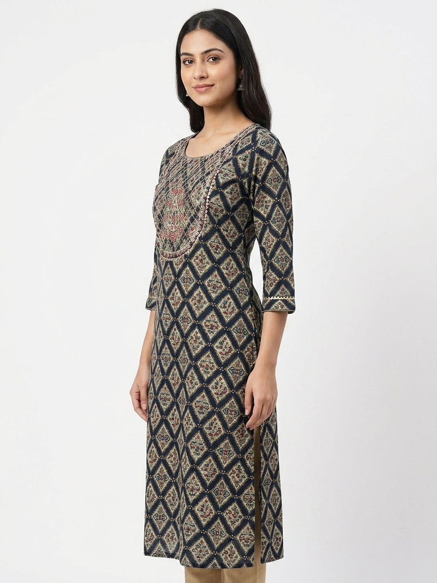 Women's Navy Ethnic Print Embellished Straight Kurti