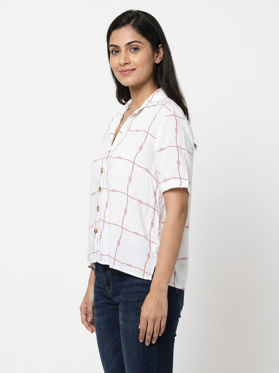 White & Red Knot-Grid Print Casual Shirt