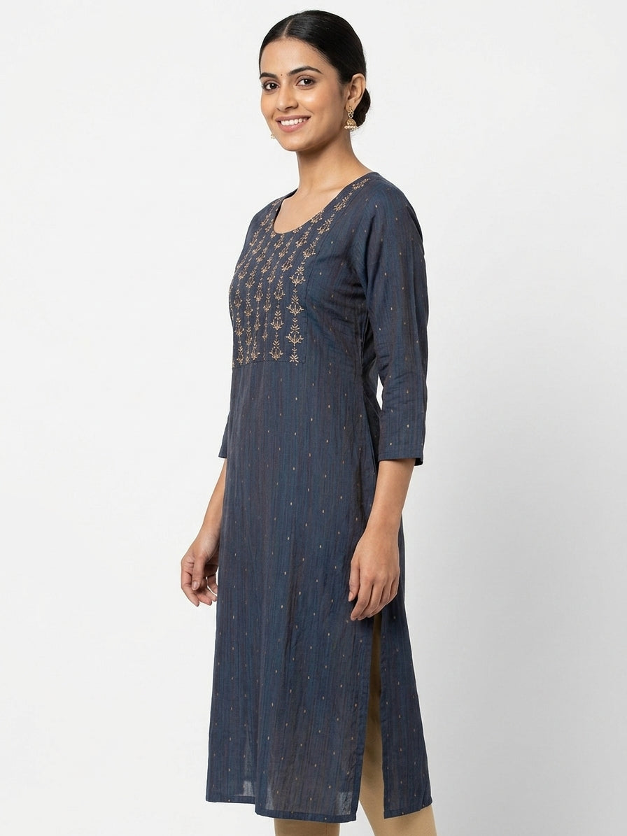 Dark Blue Embellished Cotton Blend Kurti
