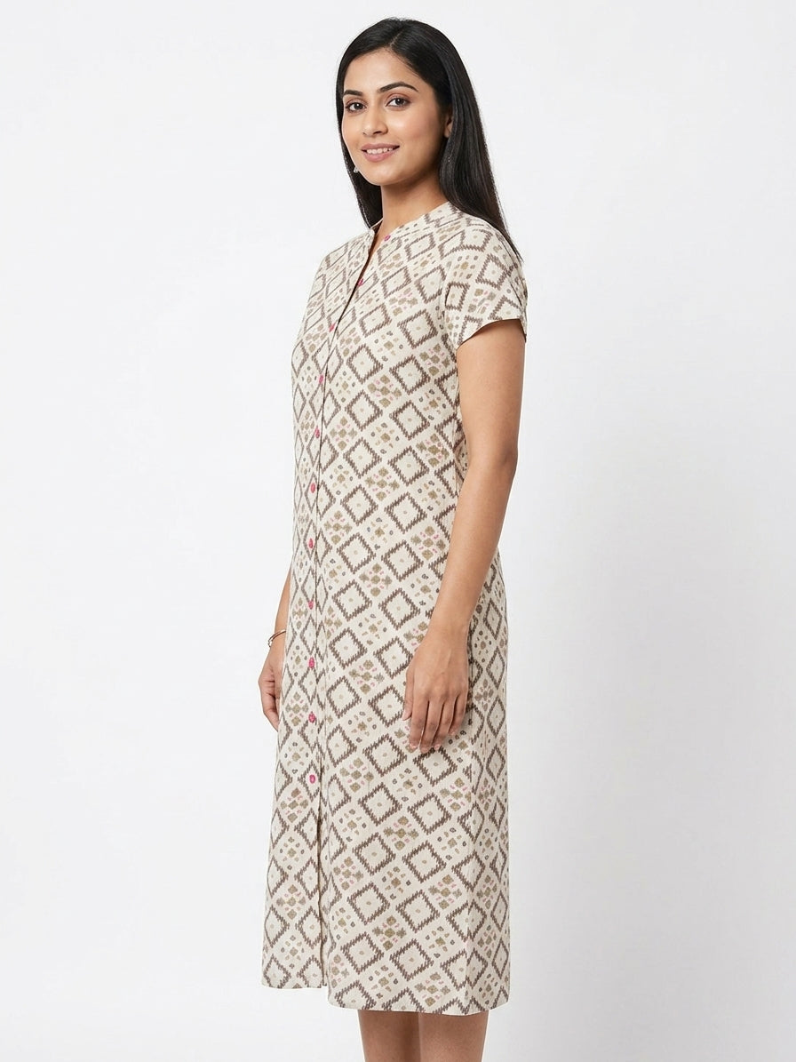 Off White Geometric Print Casual Kurti
