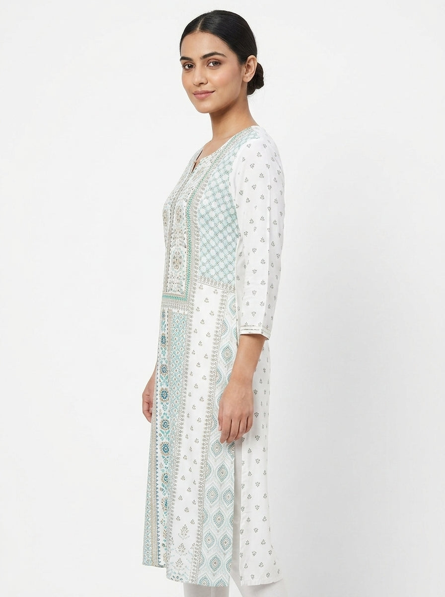 Women's White Ethnic Print Viscose Straight Kurti