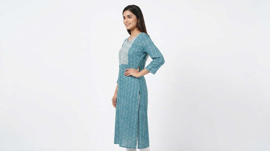 Teal Embellished Straight Fit Cotton Blend Kurti