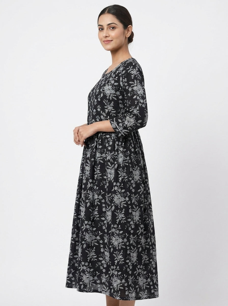 Black Printed Round Neck A-Line Dress