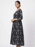 Black Printed Round Neck A-Line Dress