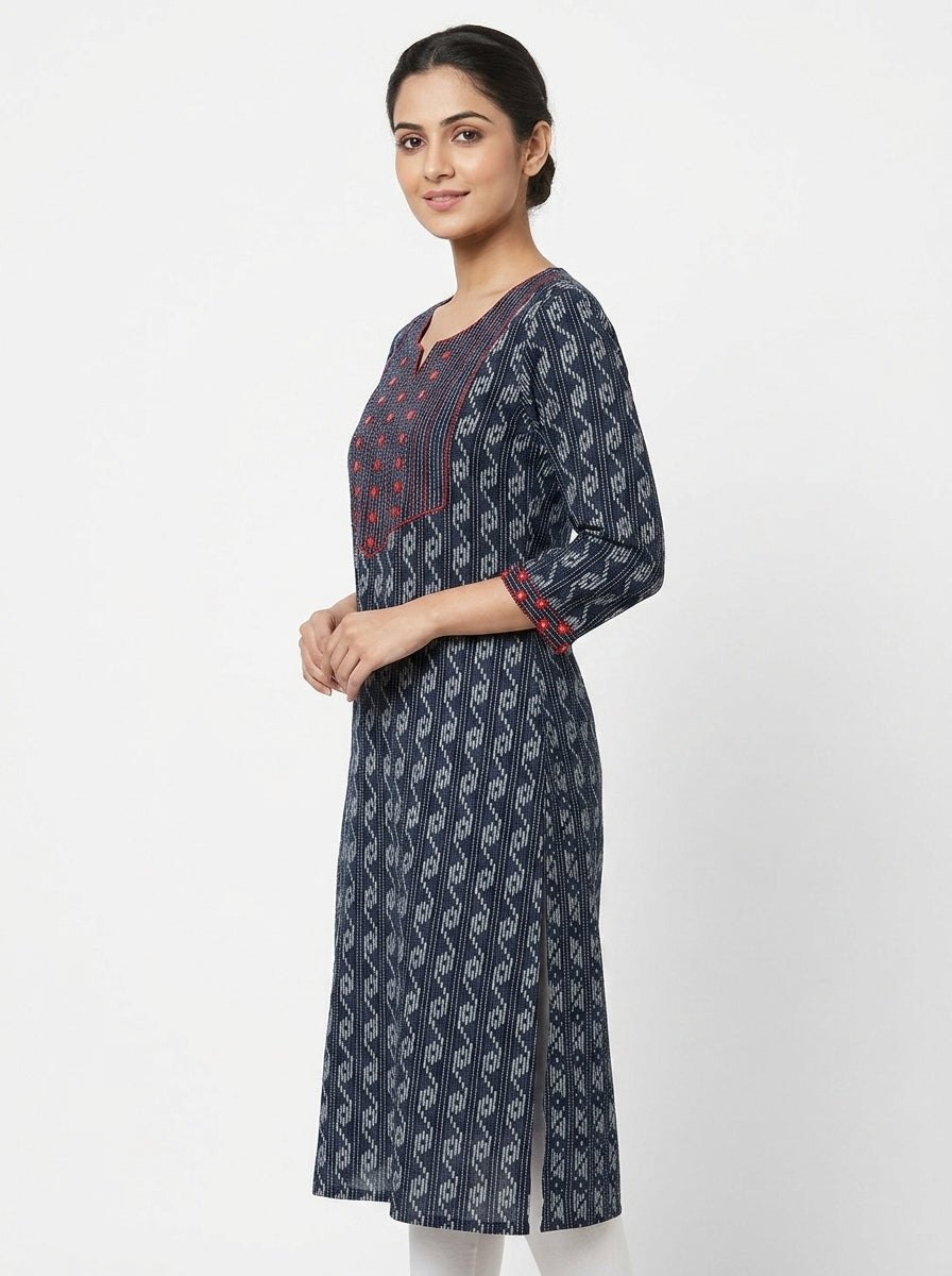 Dark Blue  Ethnic Print Kurti with Embellished Yoke