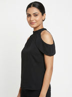 Black Solid Sleeveless Bow Neck Top