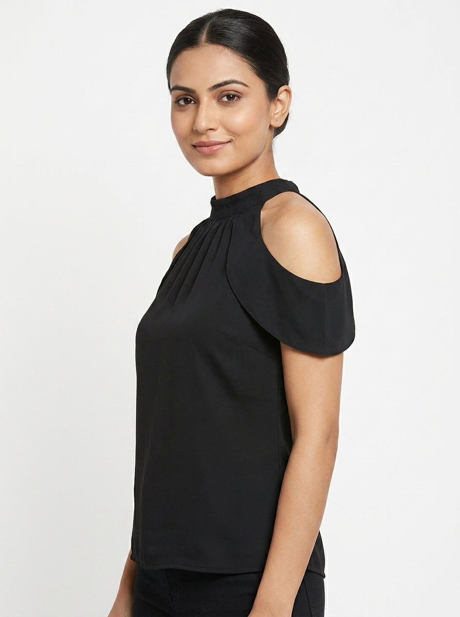 Black Solid Sleeveless Bow Neck Top