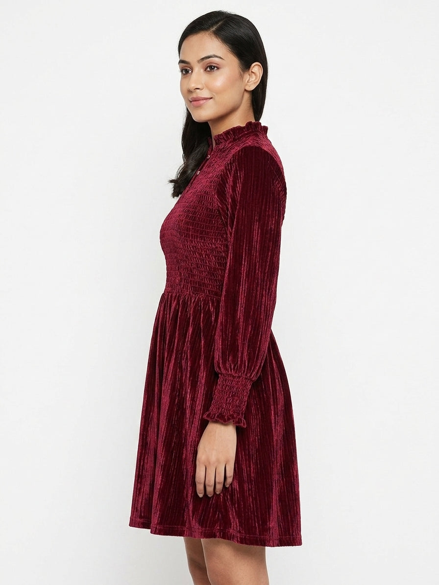 Women's Wine Textured Velvet Smocked Flared Dress