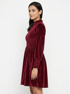 Women's Wine Textured Velvet Smocked Flared Dress