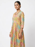 Multi-Color Botanical Print Embellished V-Neck Kurti