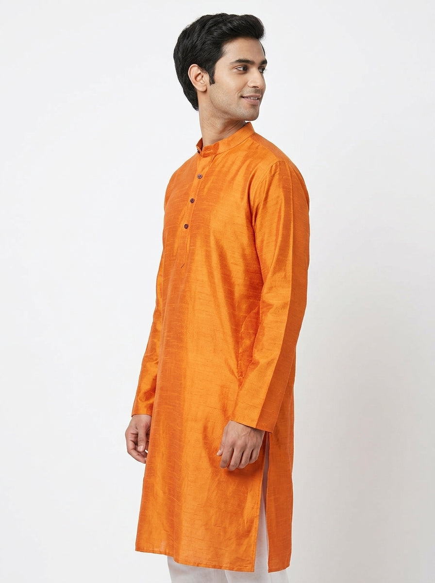 Men's Orange Solid Silk Kurta