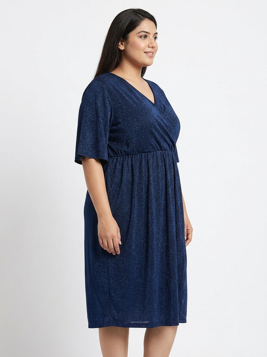 Dark Blue Shimmer V-Neck Party Dress