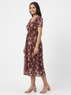 Women's Maroon Floral Printed V-Neck Midi Dress