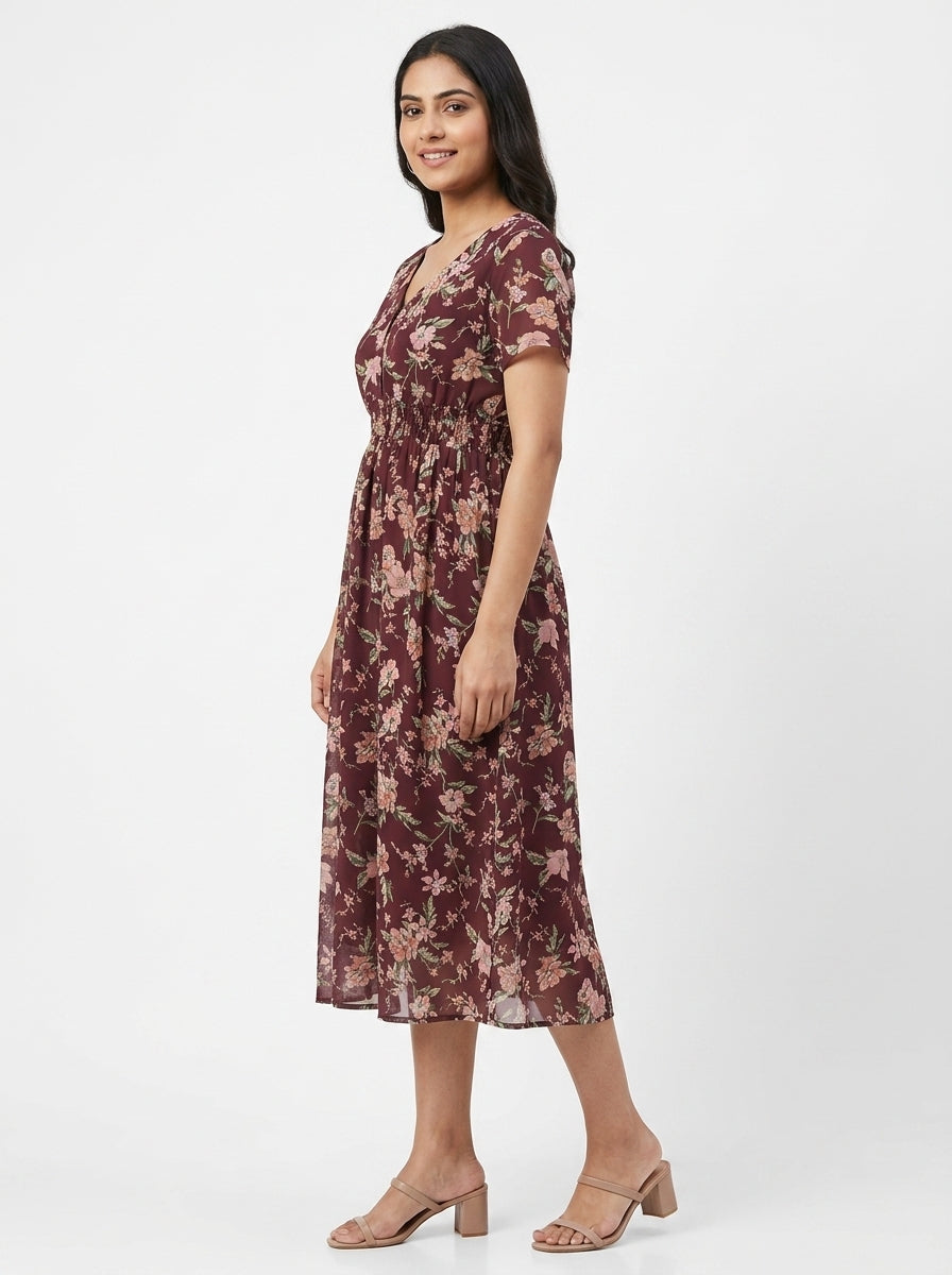 Women's Maroon Floral Printed V-Neck Midi Dress