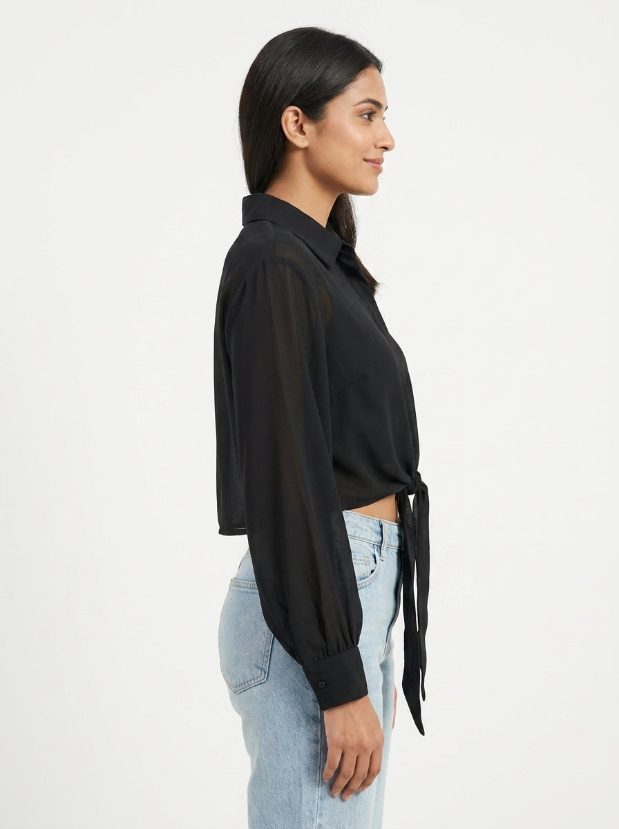 Women's Black Tie-Front Button-Up Long Sleeve Top