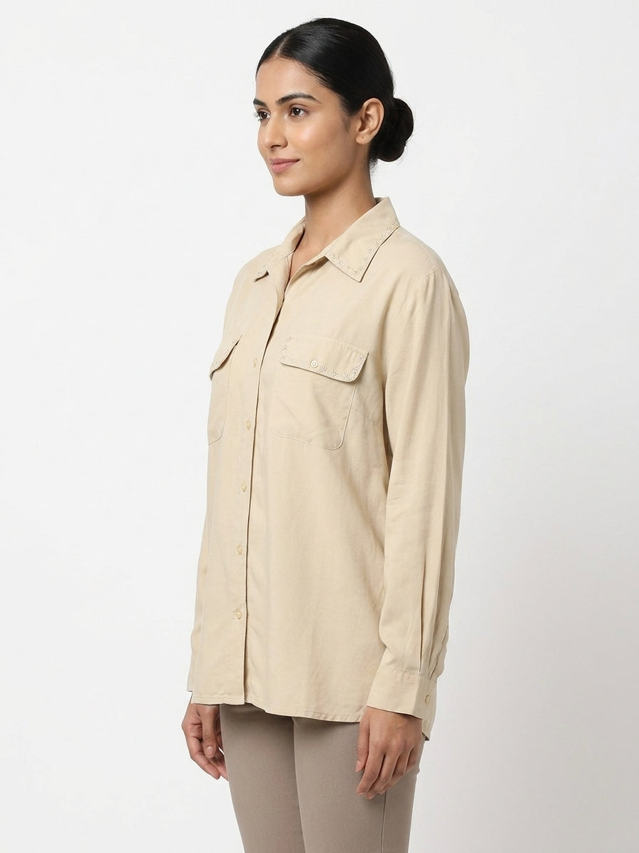 Beige Solid Regular Fit Casual Shirt