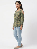 Olive Green Floral Printed Rayon Top