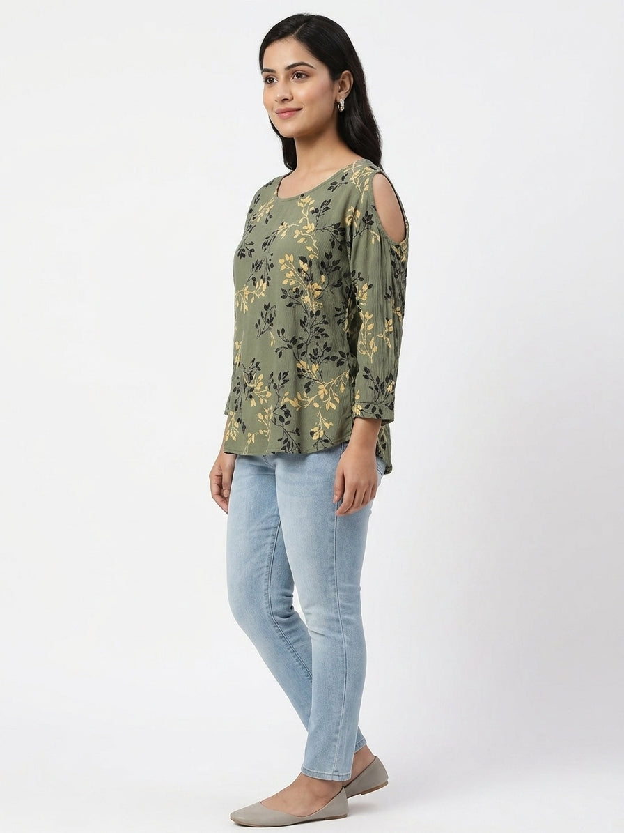 Olive Green Floral Printed Rayon Top