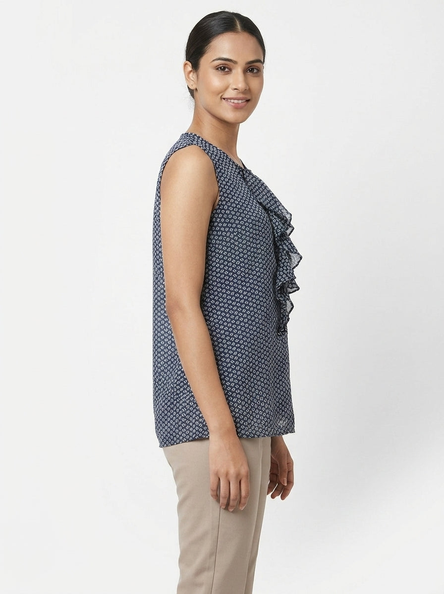Women's Dark Blue Printed Sleeveless Ruffle Top