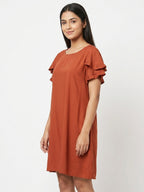 Women's Rust A-line Solid Dress with Ruffled Sleeves