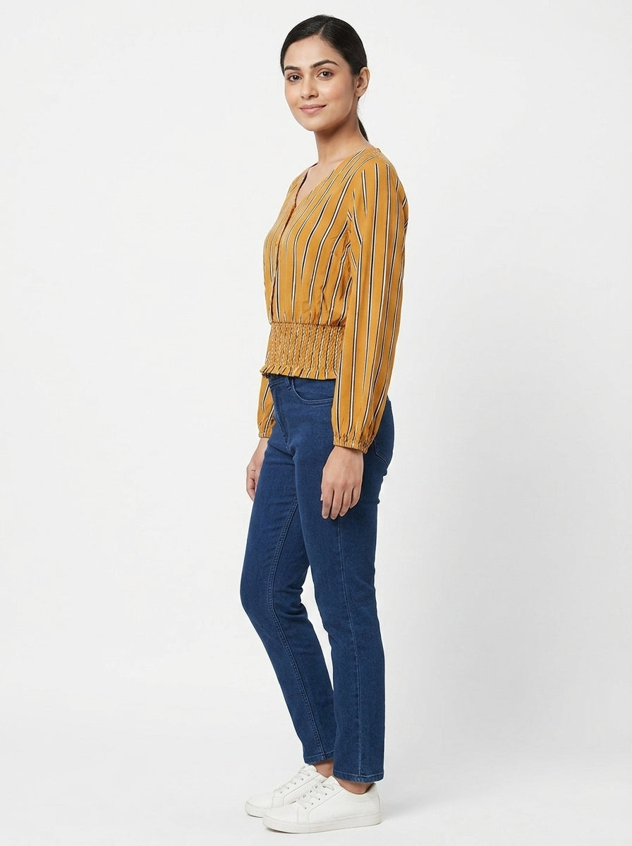 Mustard Striped Shirred Waist V-Neck Top