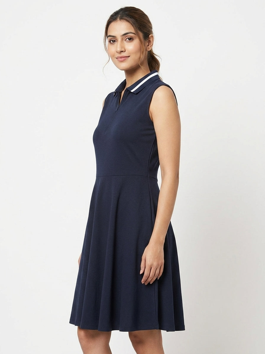 Women's Navy Solid Collared Flared Dress