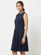 Women's Navy Solid Collared Flared Dress