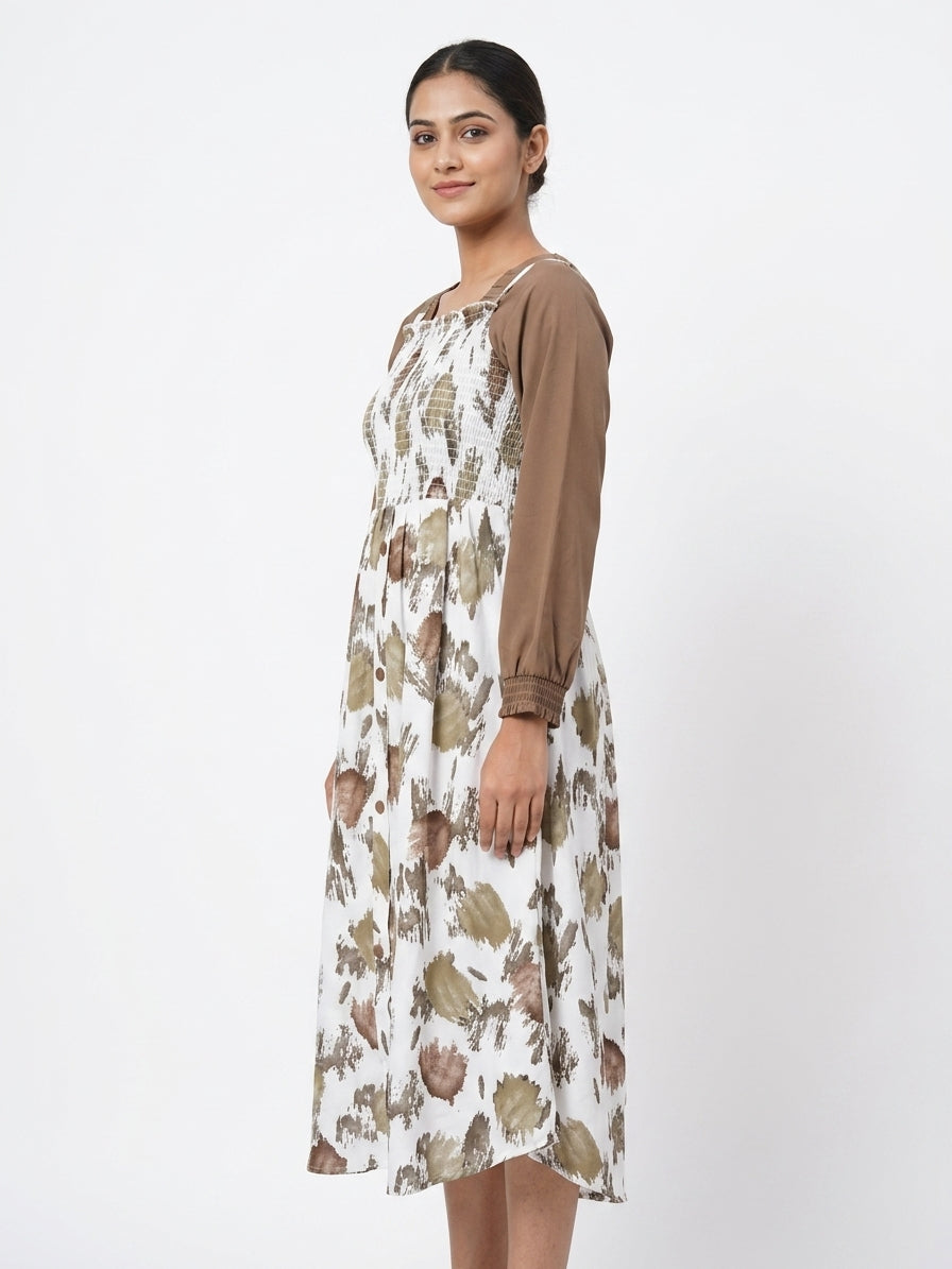 Women's Multi Abstract Print Smocked Flared Dress